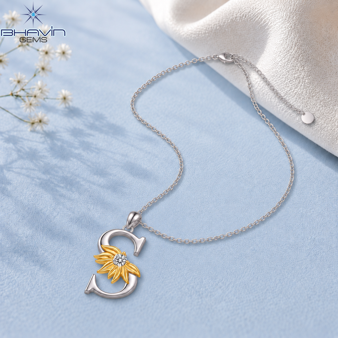 Diamond Floral Initial S Pendant Necklace