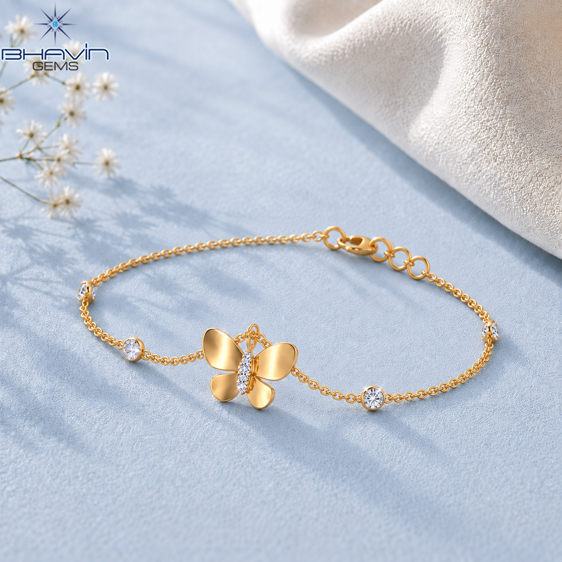 Diamond Butterfly Charm Delicate Chain Bracelet