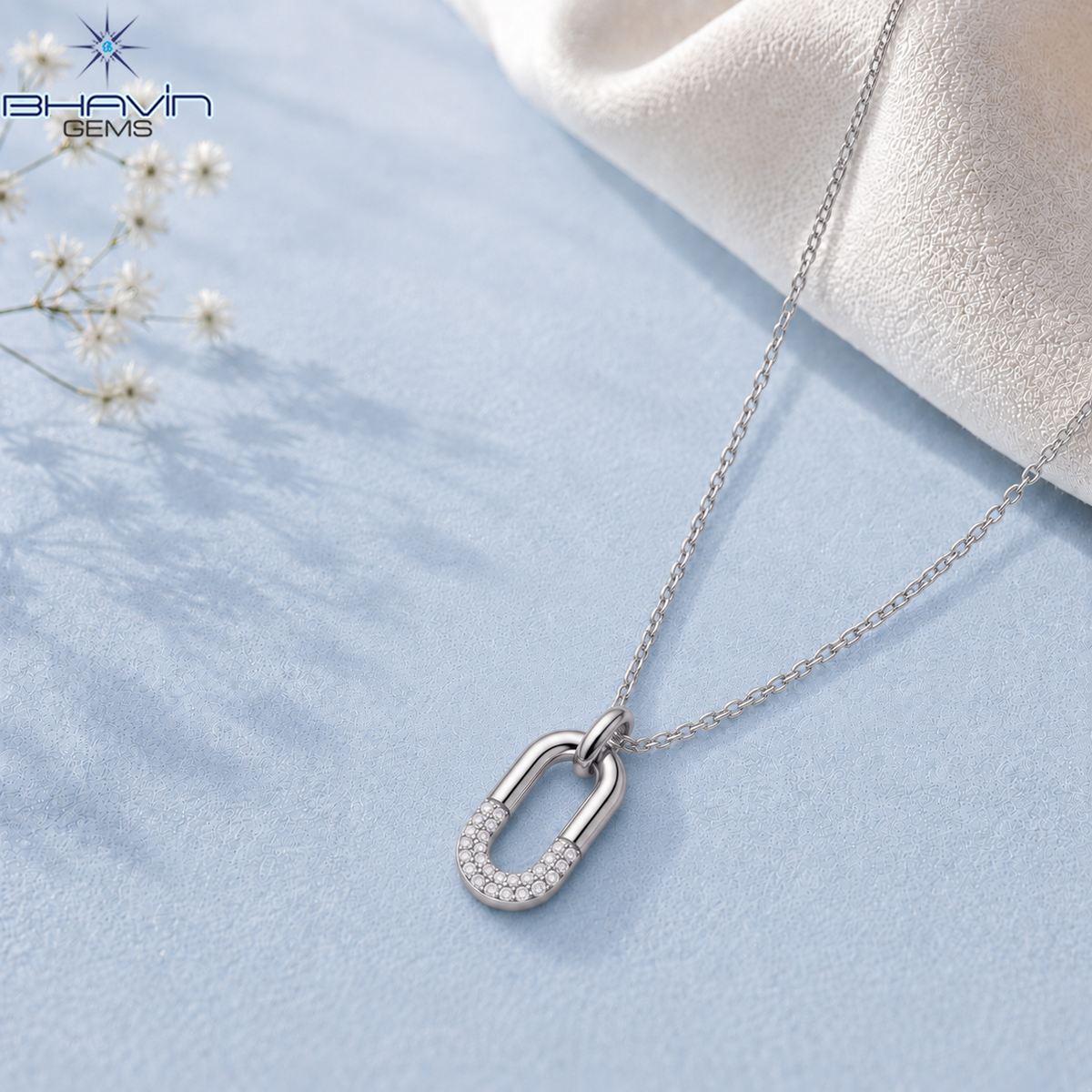 Modern Oval Link Diamond Pendant Necklace with Pave Accent