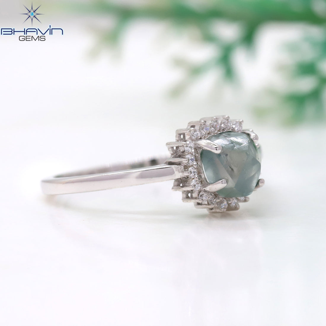 Natural Uncut Mint Blue Diamond Sunburst Ring