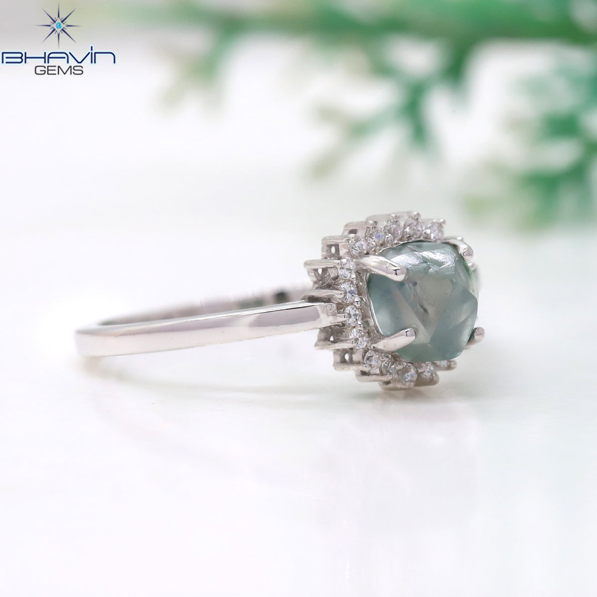 Natural Uncut Mint Blue Diamond Sunburst Ring