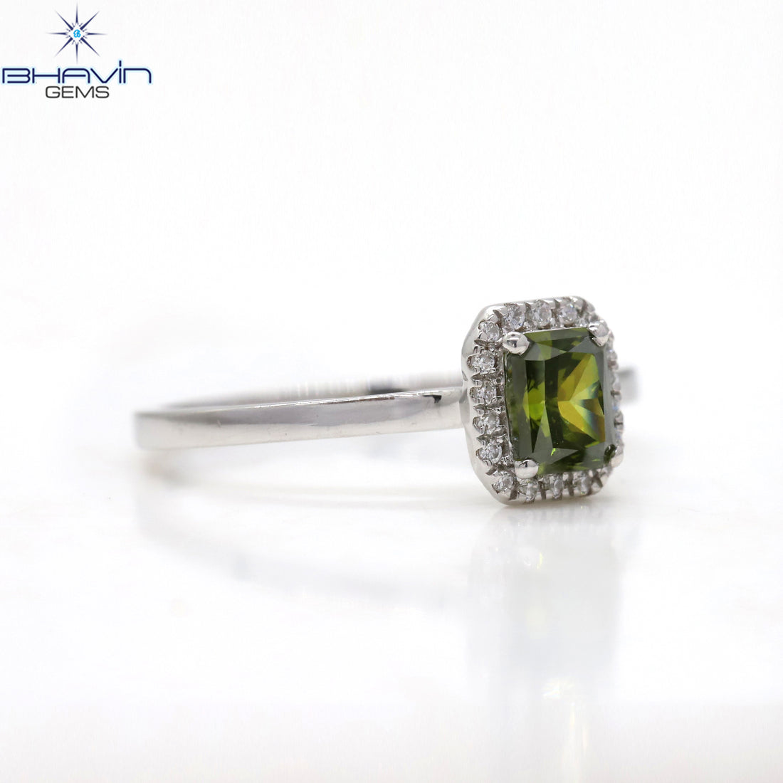 Radiant Cut Fancy Green Diamond Halo Ring in White Gold