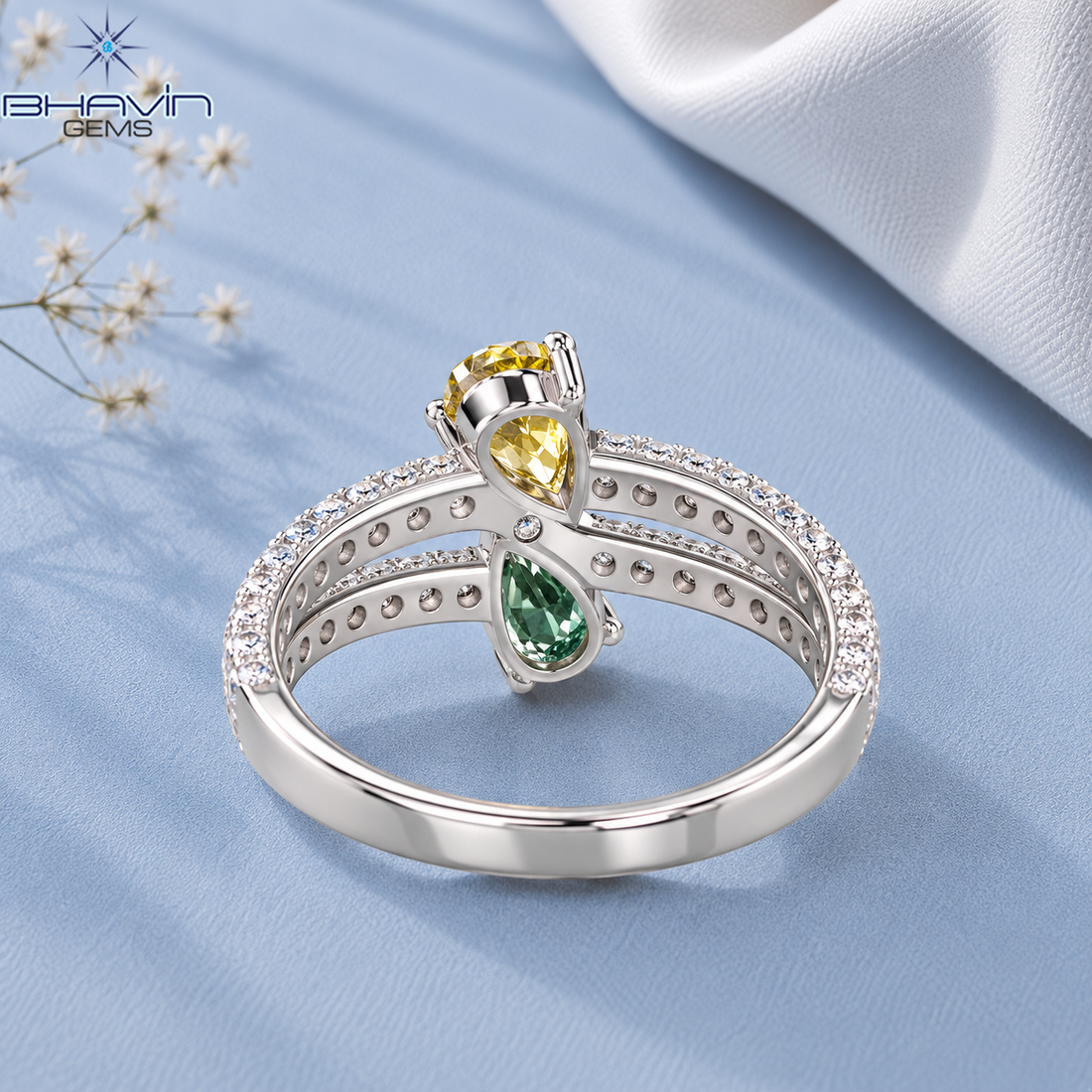 Fancy Yellow and Green Pear Lab Diamond Bypass Ring with Pavé Shank
