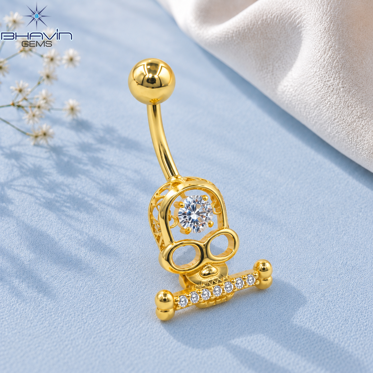 Playful Skull Diamond Belly Button Ring with Sparkling Bar Accent