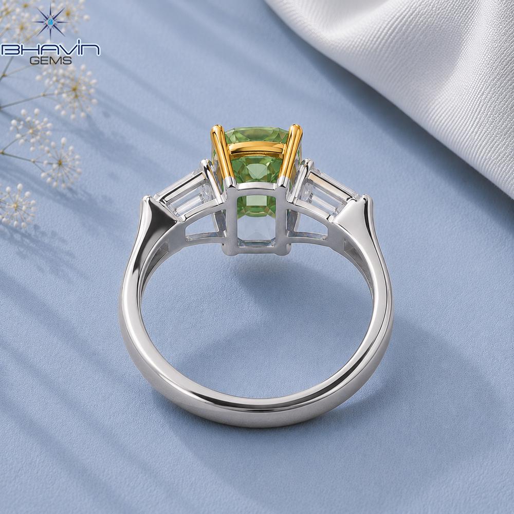 Elegant Green Cushion Cut Three-Stone Engagement Ring