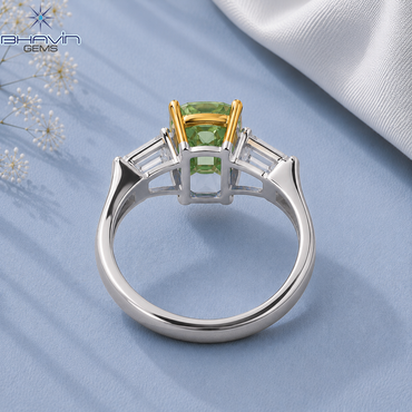 Elegant Green Cushion Cut Three-Stone Engagement Ring