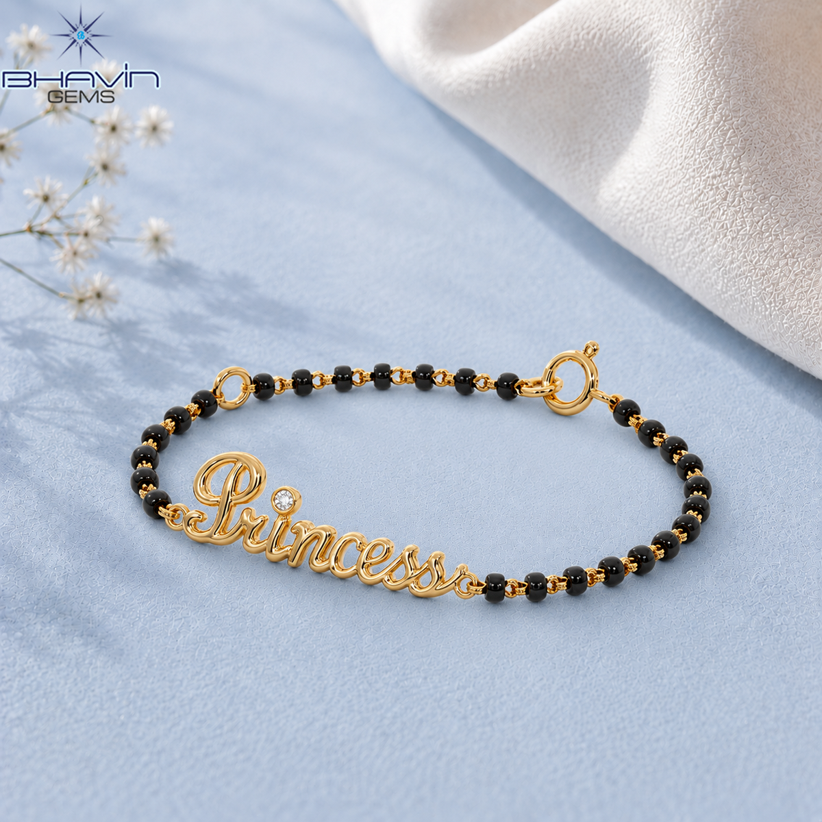Princess Script Diamond Accent Black Beaded Bracelet