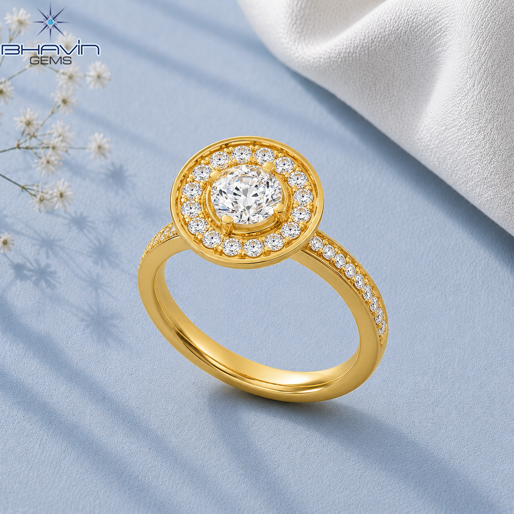 Round Cut Diamond Halo Engagement Ring with Vintage Inspired Diamond Band
