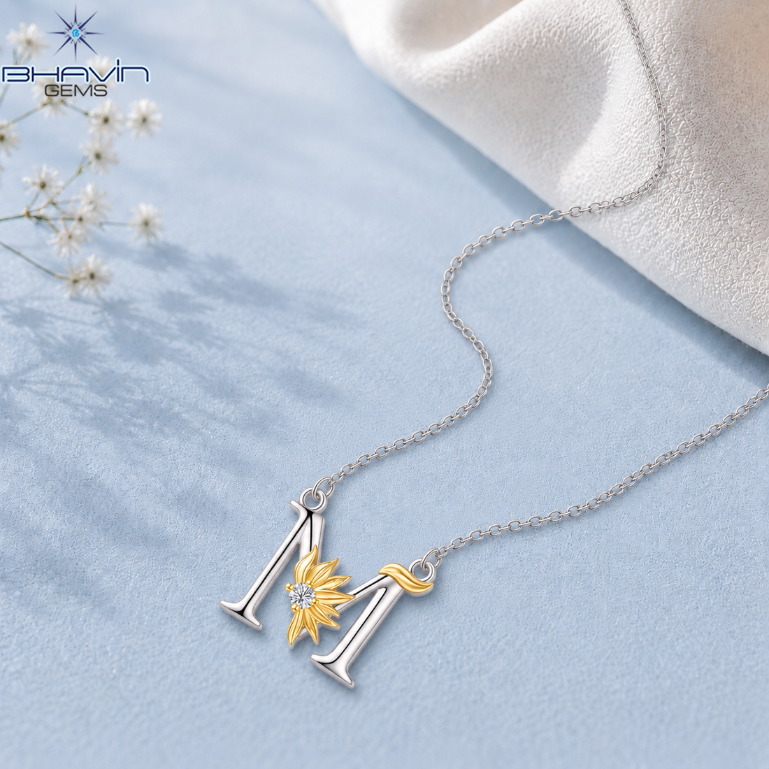 Diamond Floral Initial M Pendant Necklace