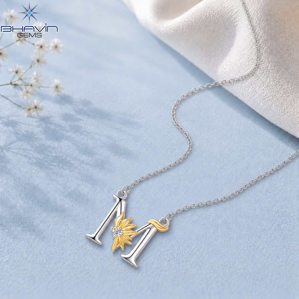 Diamond Floral Initial M Pendant Necklace