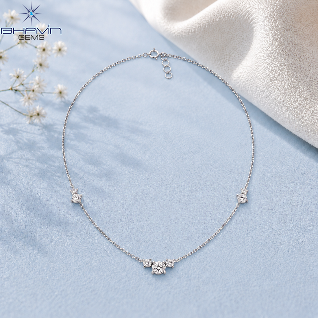 Three Cluster Round Diamond Delicate Chain Necklace