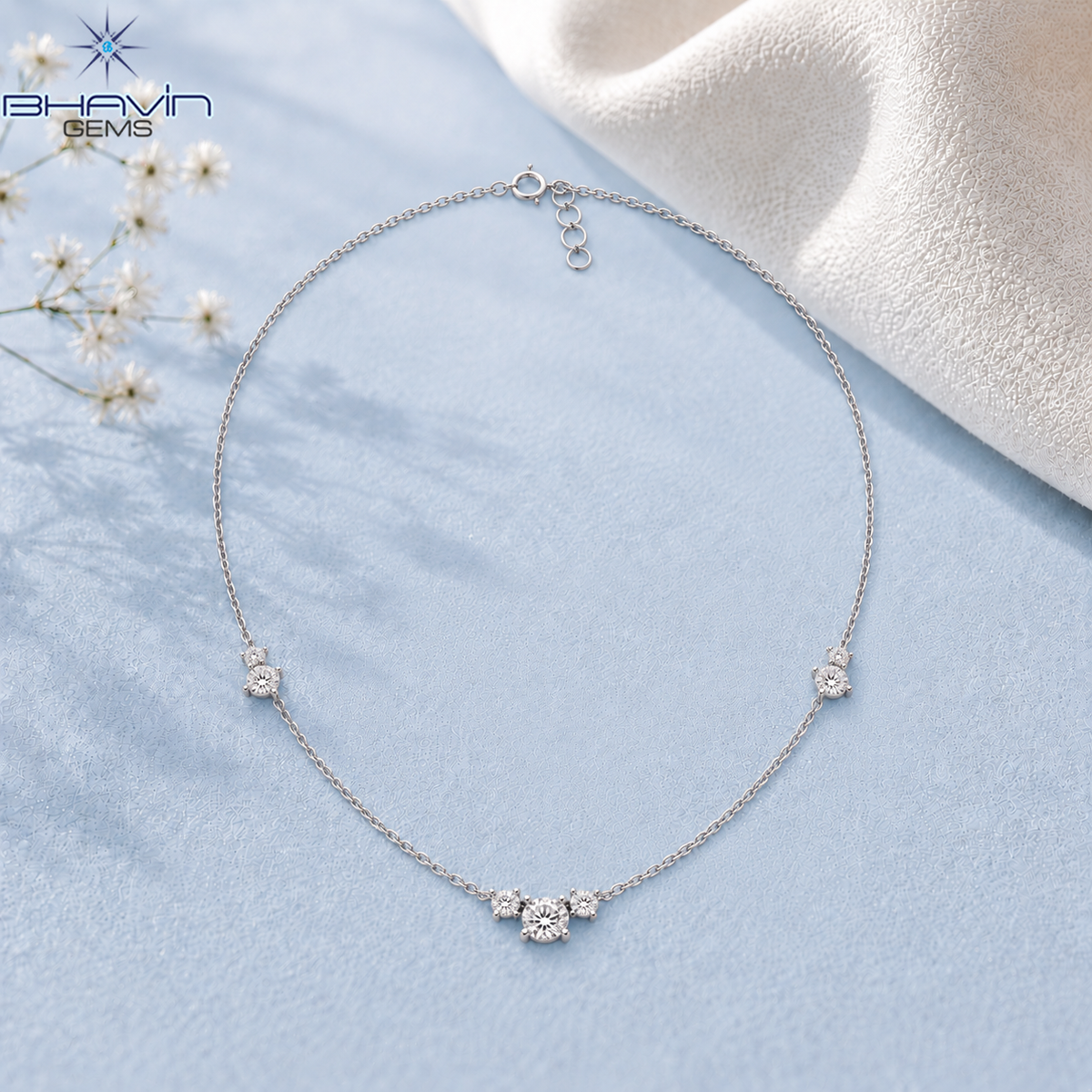 Three Cluster Round Diamond Delicate Chain Necklace