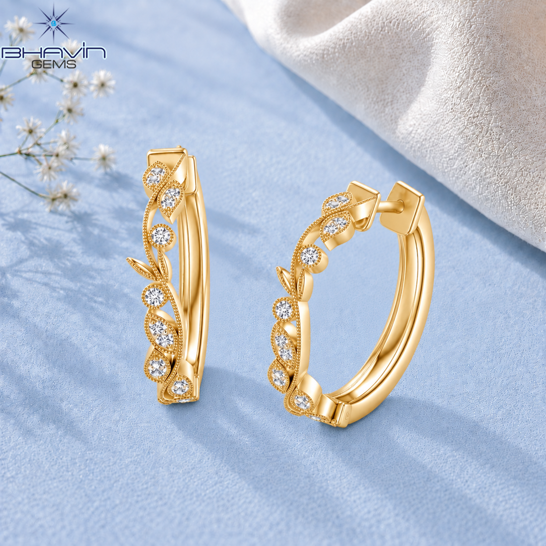 Elegant Diamond Leaf Vine Hoop Earrings