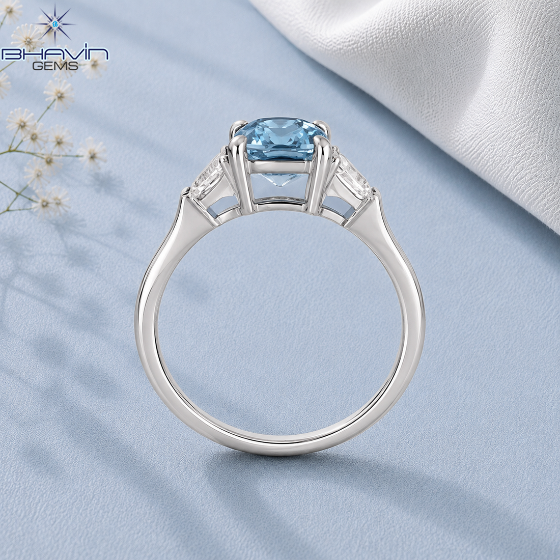 Blue Cushion Diamond Pear Side Stone Engagement Ring