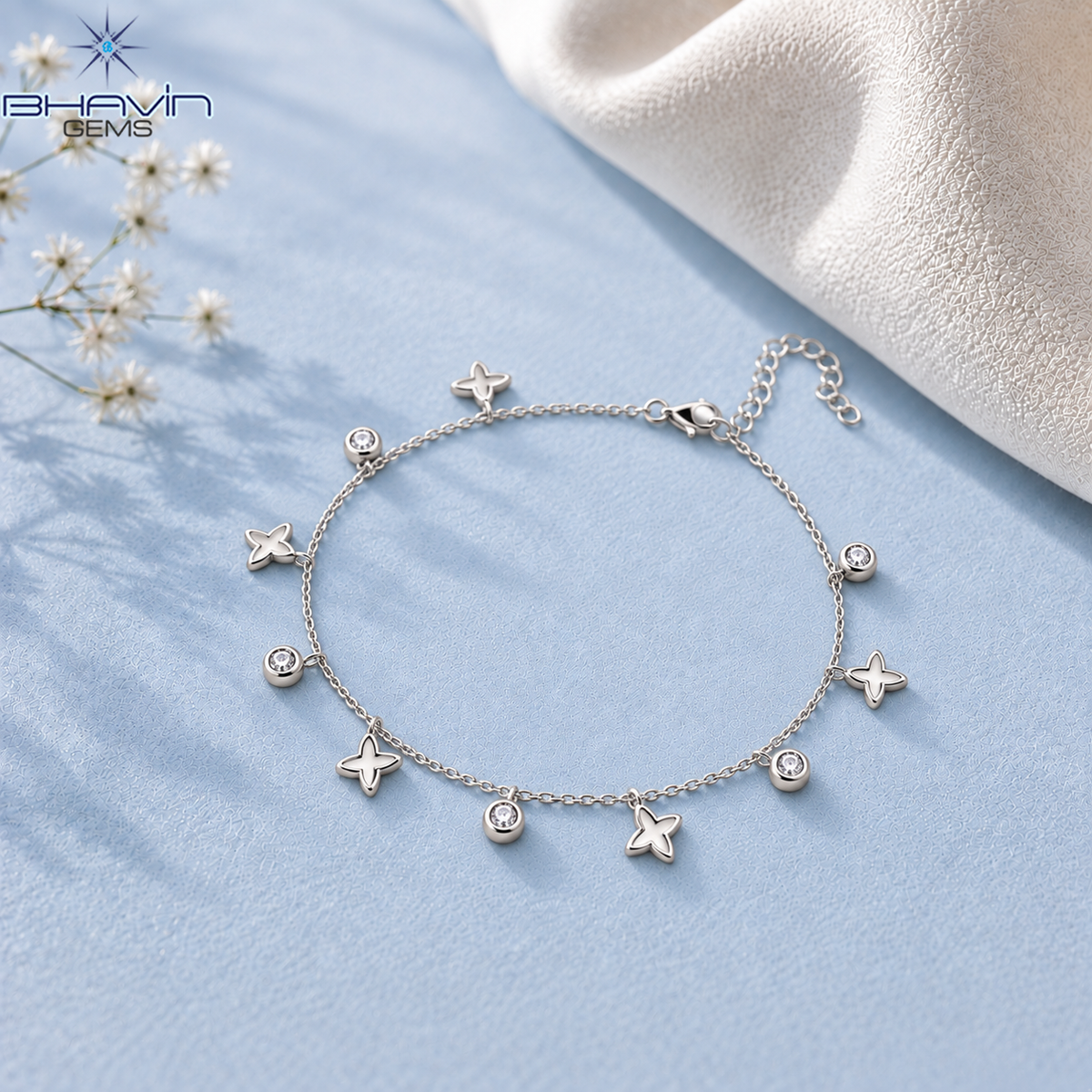 Diamond Butterfly & Bezel Charm Delicate Chain Bracelet