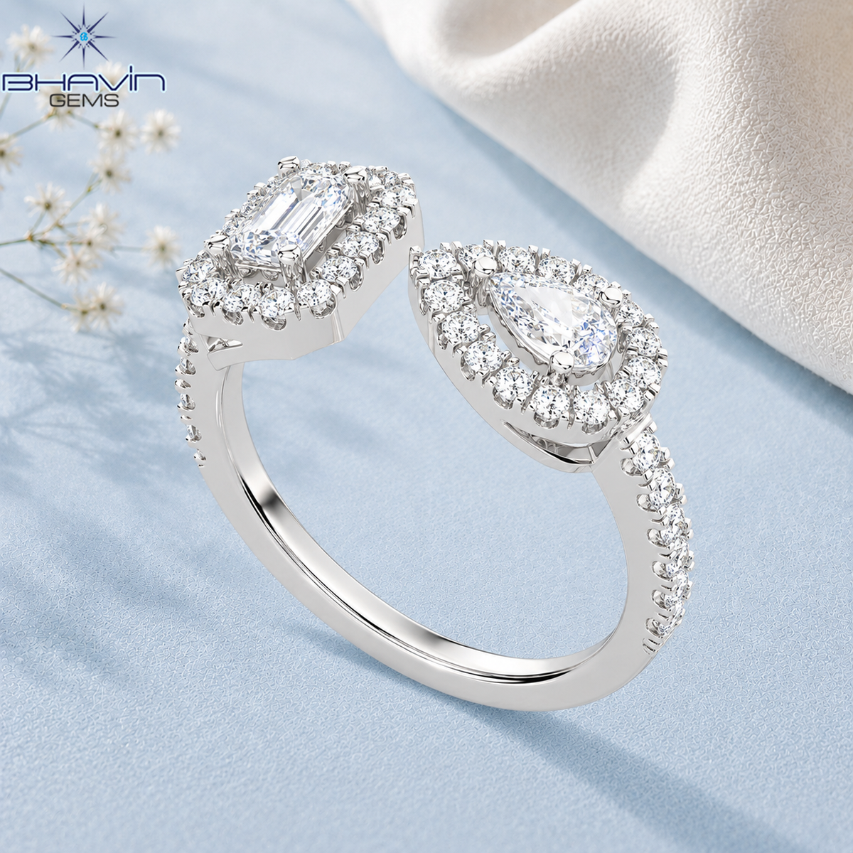 Elegant Emerald & Pear Cut Diamond Toi Et Moi Ring with Double Halo Setting