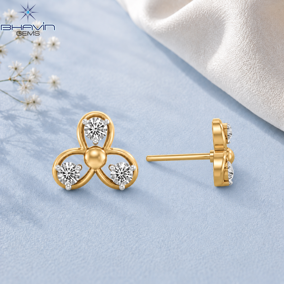 Three Petal Round Diamond Floral Stud Earrings
