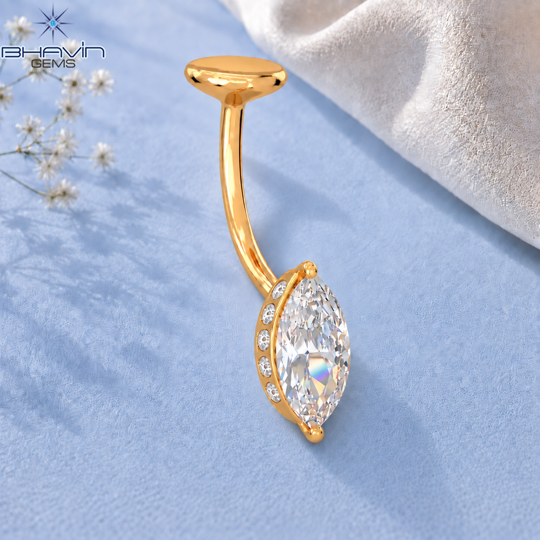 Marquise Diamond Side Accent Belly Button Ring