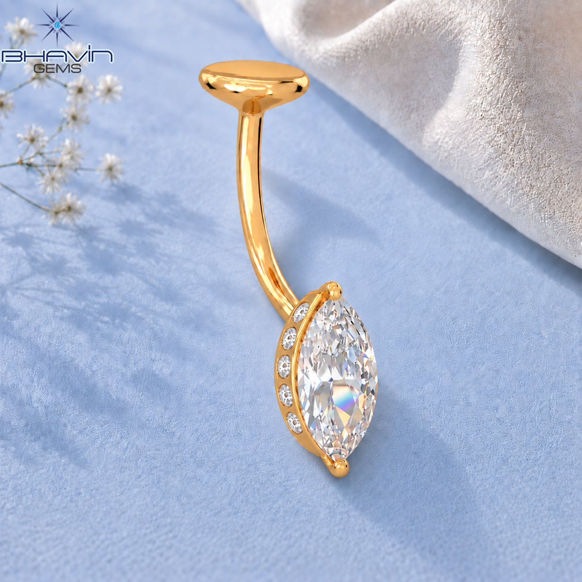 Marquise Diamond Side Accent Belly Button Ring