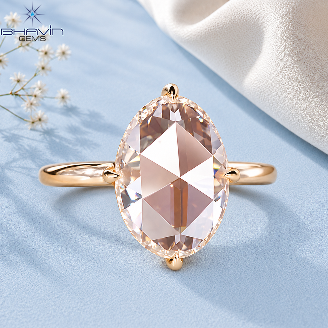 Elongated Oval Rose Cut Diamond Classic Engagement Ring