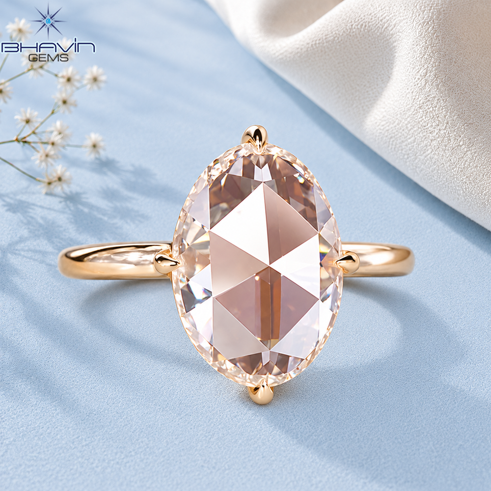 Elongated Oval Rose Cut Diamond Classic Engagement Ring