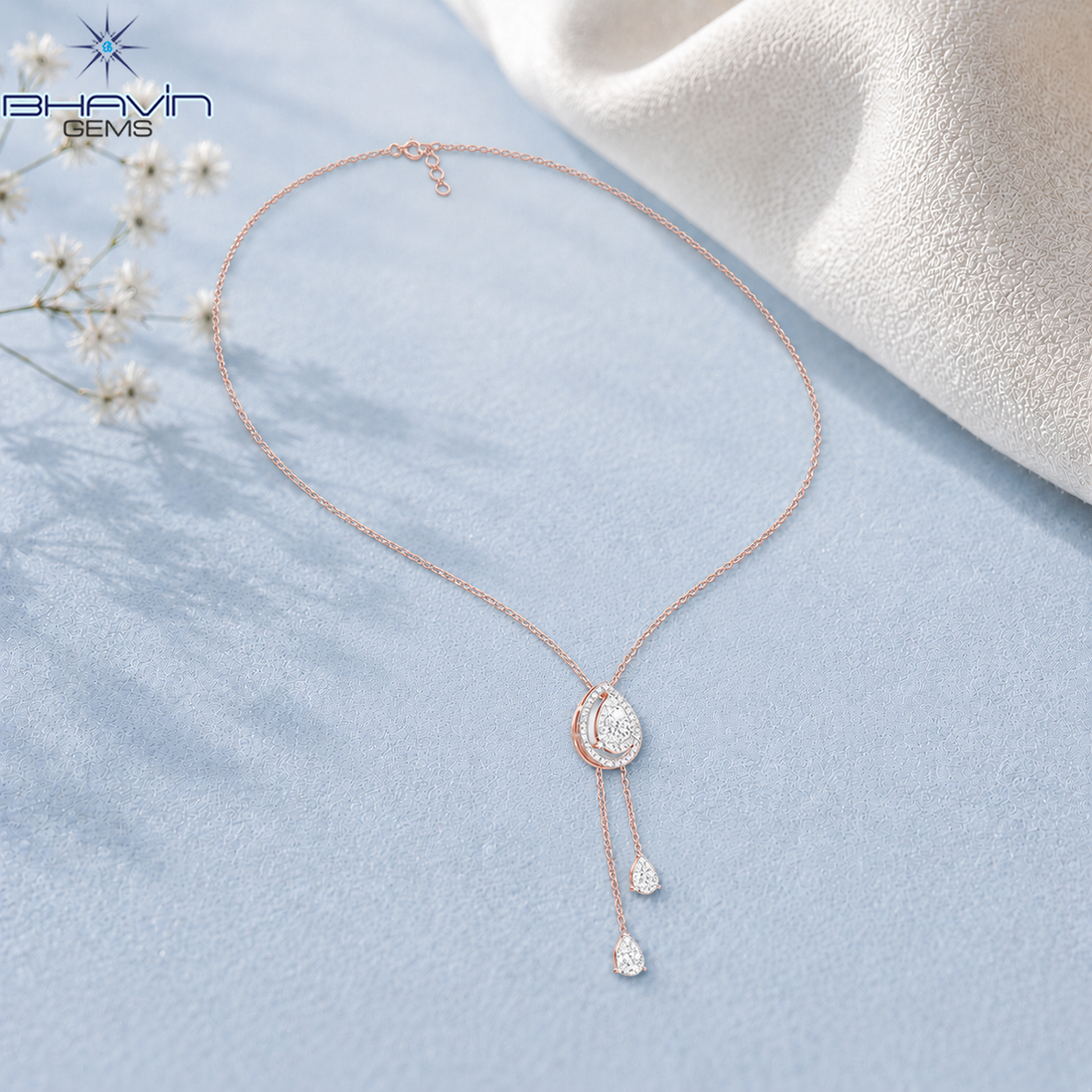Pear Drop Halo Diamond Lariat Necklace with Double Dangle Design