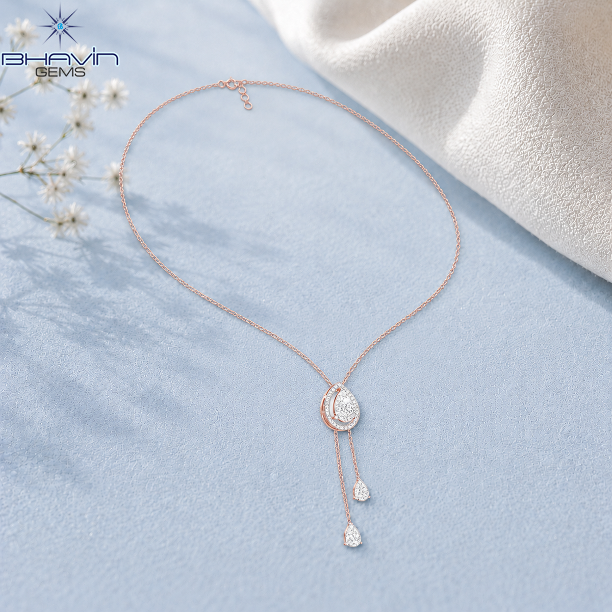 Pear Drop Halo Diamond Lariat Necklace with Double Dangle Design