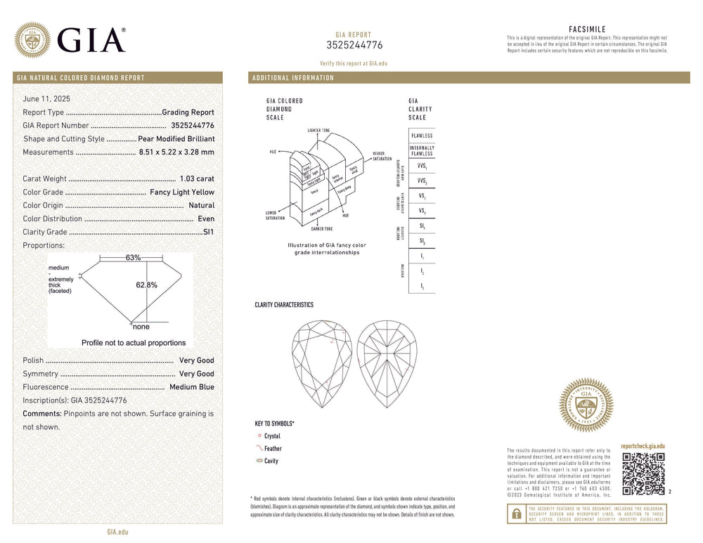 GIA Certified 1.03 CT Pear Natural Diamond Yellow Color SI1 Clarity (8.51 MM)