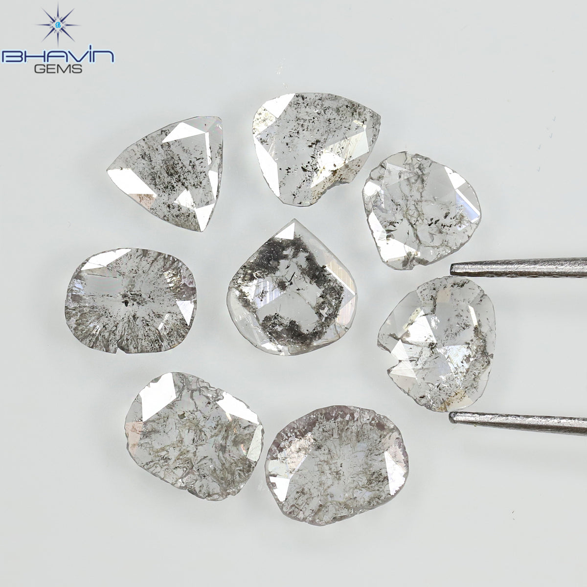 1.32 CT/8 Pcs Natural Uncut Slice Diamond Salt and Pepper Color Clarity I3 (5.57 MM)