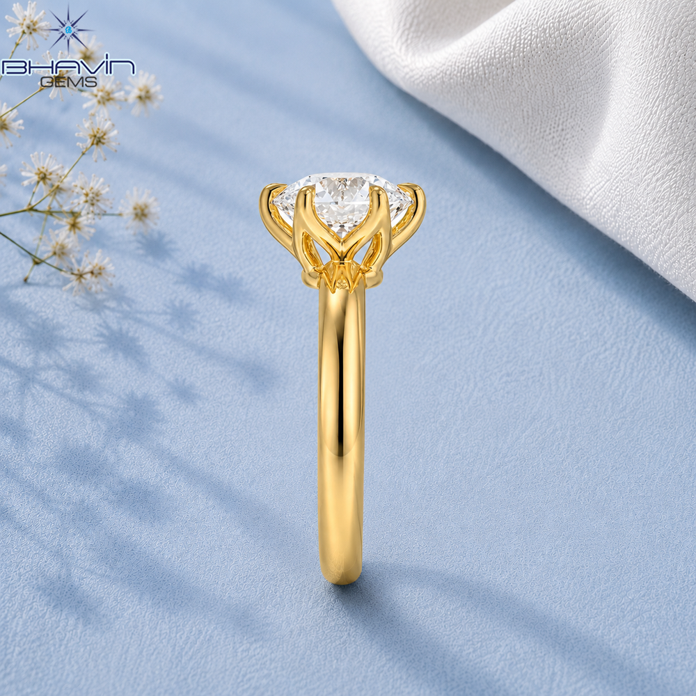 Round Brilliant Cut Solitaire Engagement Ring with 6-Prong Tulip Petal Basket in Yellow Gold