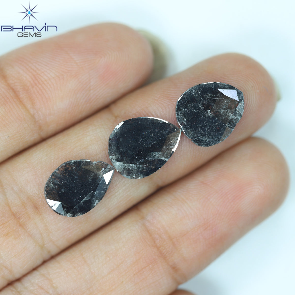 3.41 CT/3 Pcs Natural Pear Slice Diamond Salt and Pepper Color Clarity I3 (11.13 MM)