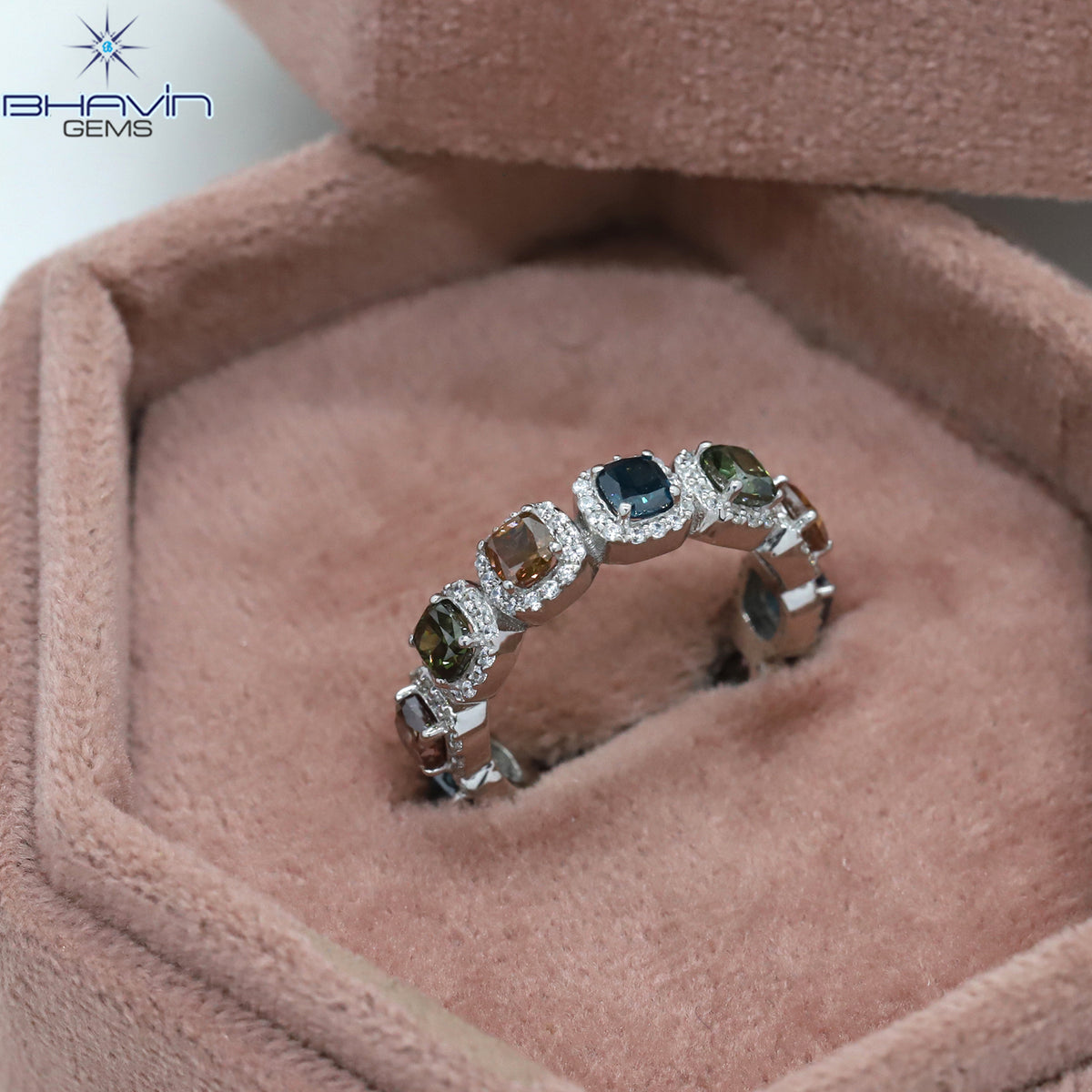 Cushion Cut Multi-Color Diamond Eternity Ring