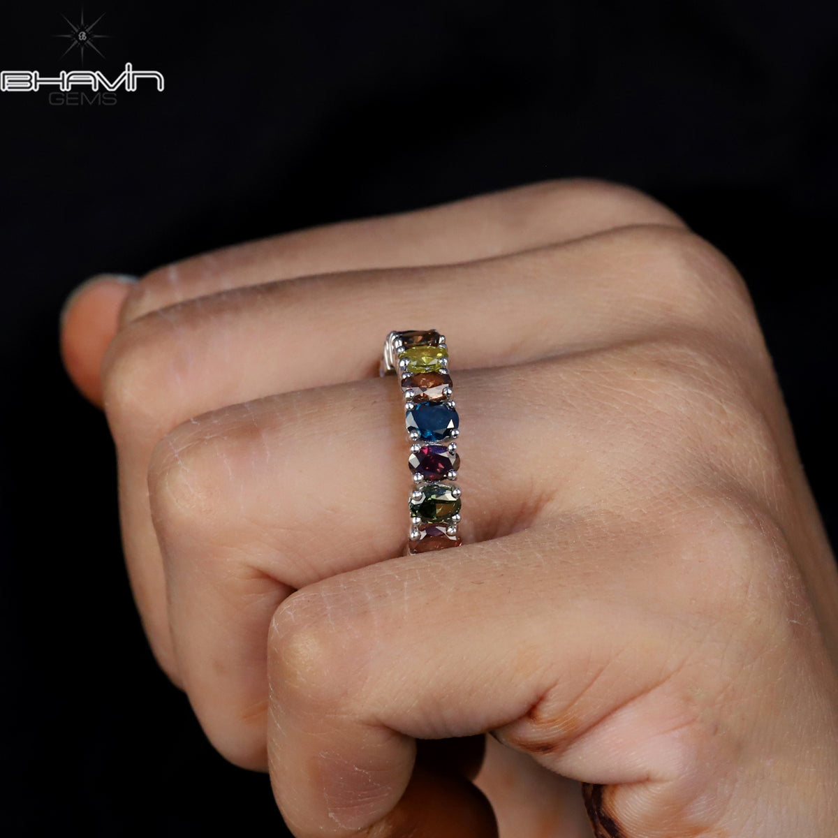 Natural Asymmetric Color Oval Cut Diamond Stacking Band