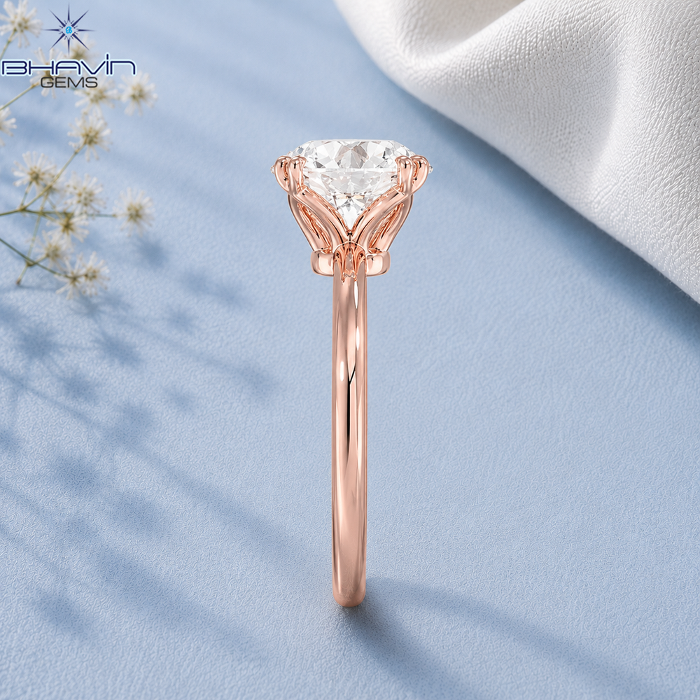 Round Brilliant Cut Solitaire Engagement Ring with Double Claw Prongs and Floral Basket in Rose Gold