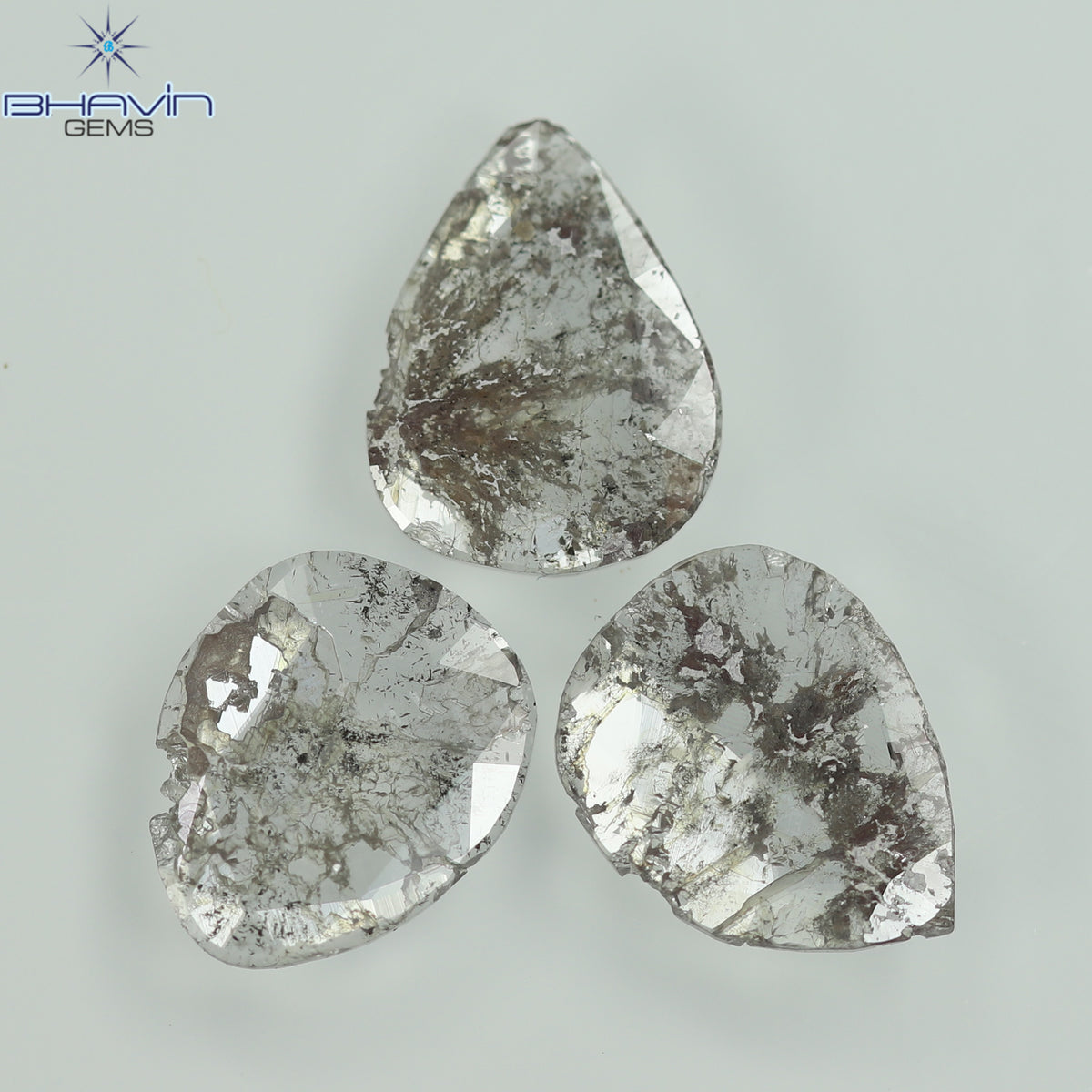 1.27 CT/3 Pcs Natural Pear Slice Diamond Salt and Pepper Color Clarity I3 (8.02 MM)