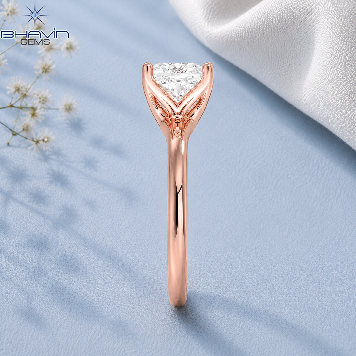 Cushion Cut Solitaire Engagement Ring with Tulip Petal Basket in Rose Gold