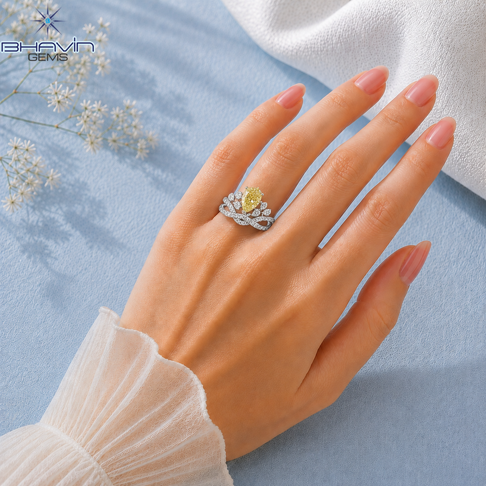 Pear Cut Yellow Diamond Tiara Ring with Twisted Pavé Band