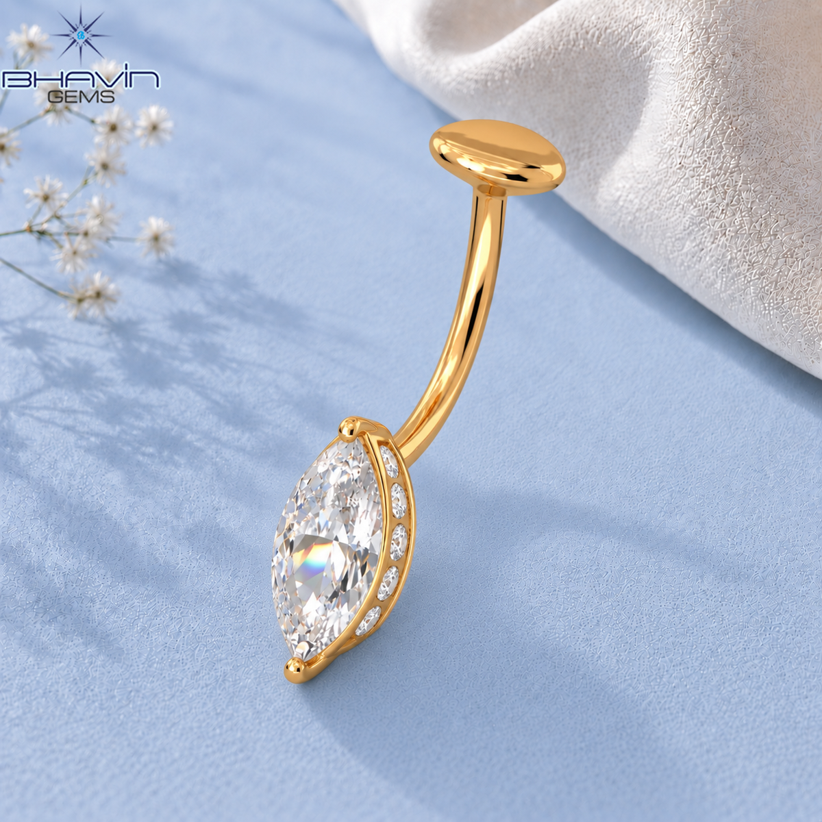 Marquise Diamond Side Accent Belly Button Ring