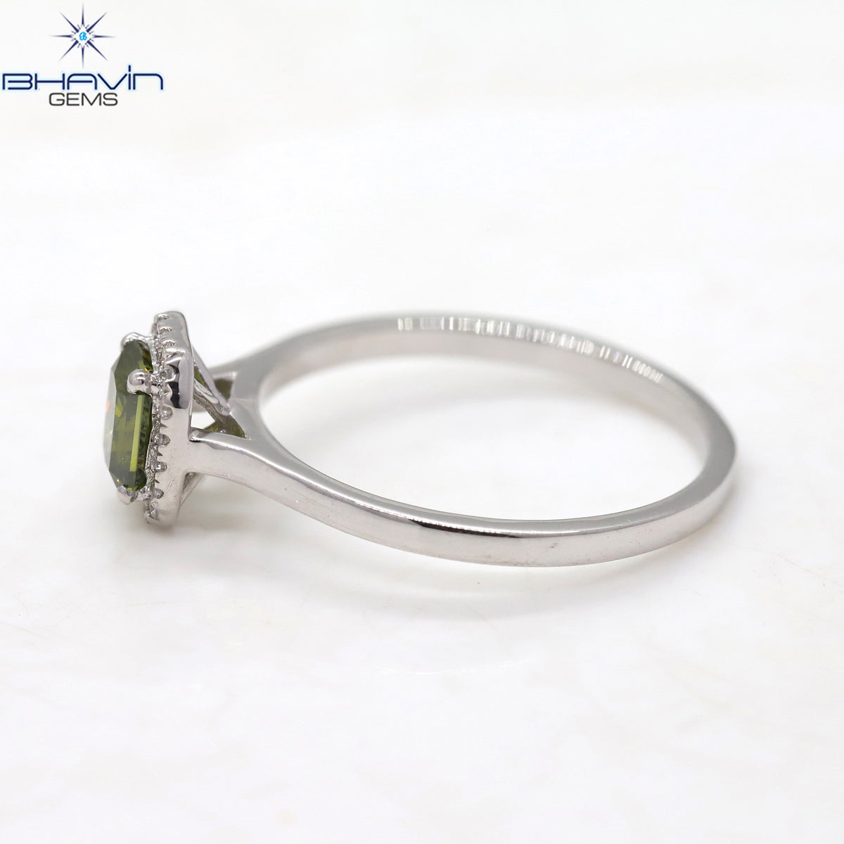 Radiant Cut Fancy Green Diamond Halo Ring in White Gold