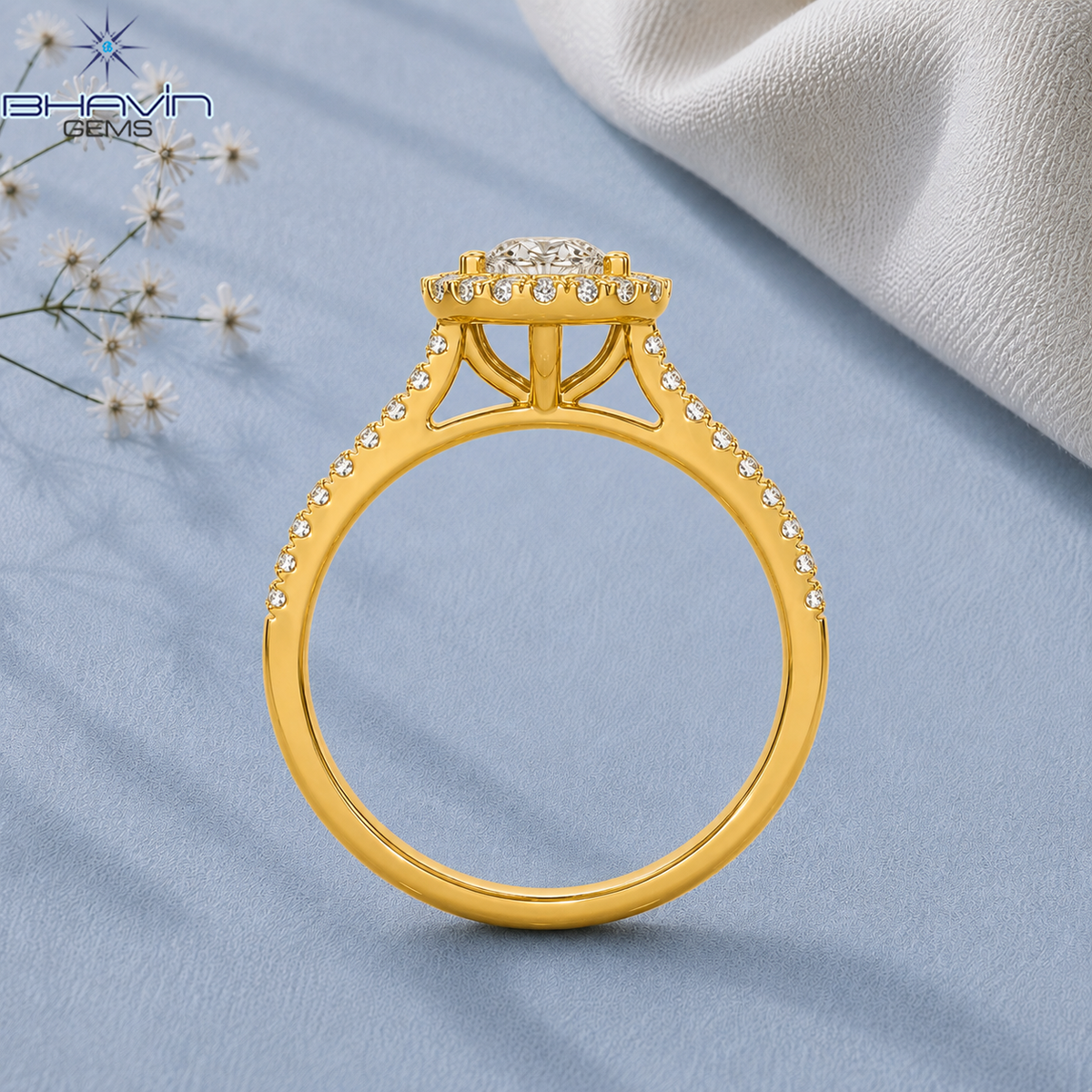 Round Diamond Floral Halo Pavé Engagement Ring