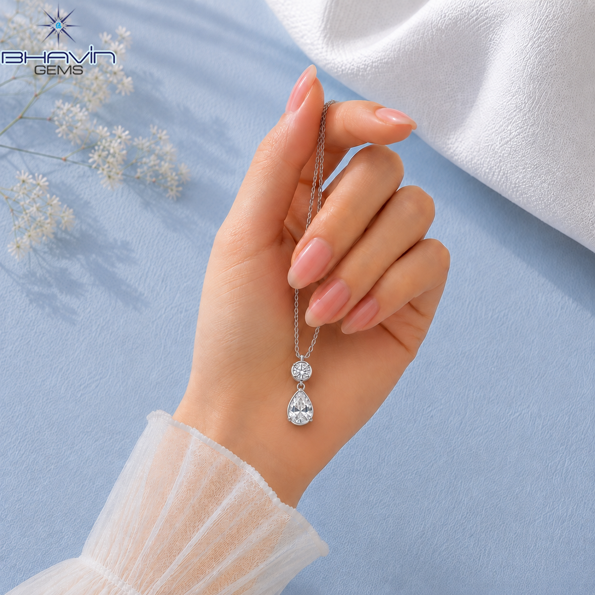 Elegant Round & Pear Shaped Diamond Drop Pendant Necklace