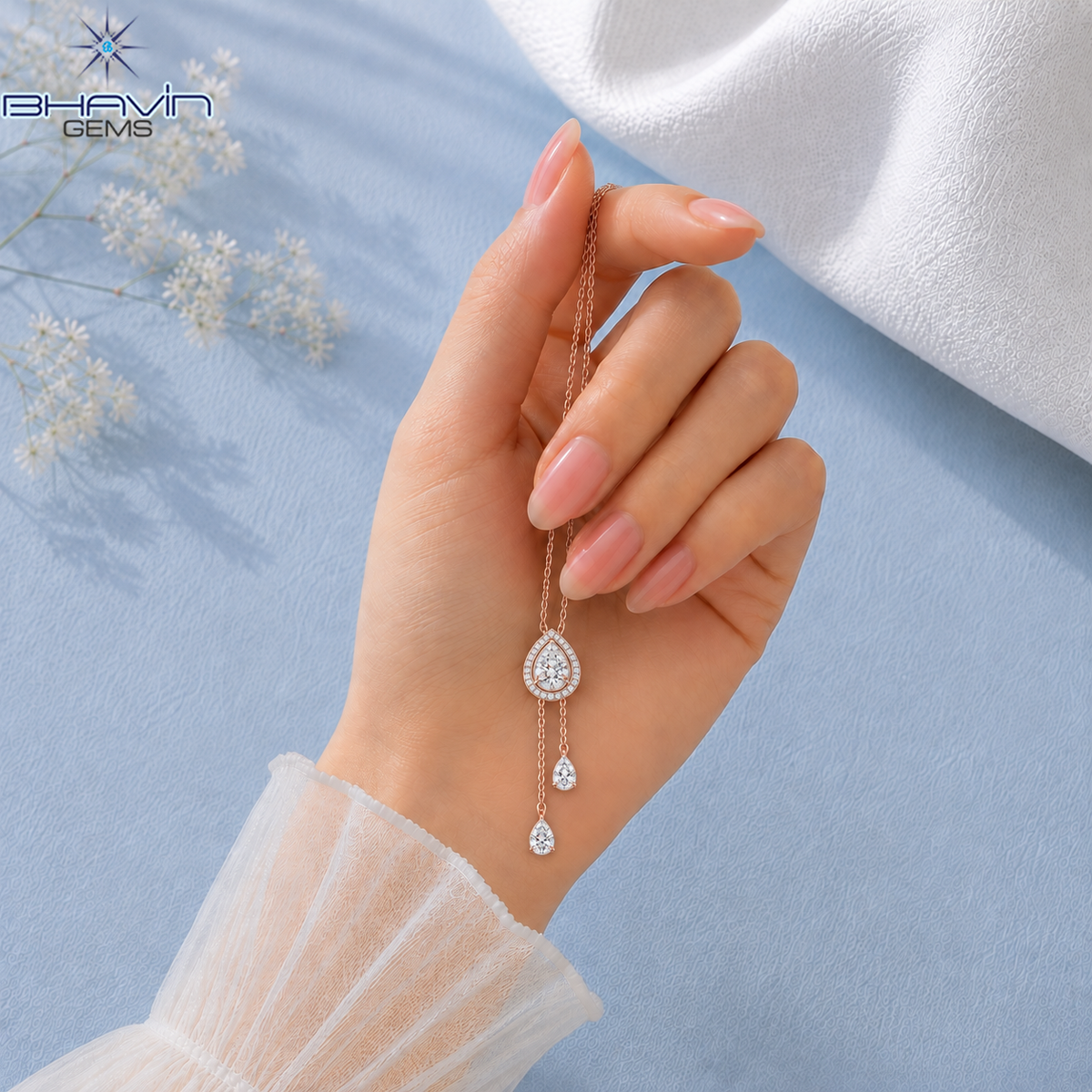 Pear Drop Halo Diamond Lariat Necklace with Double Dangle Design