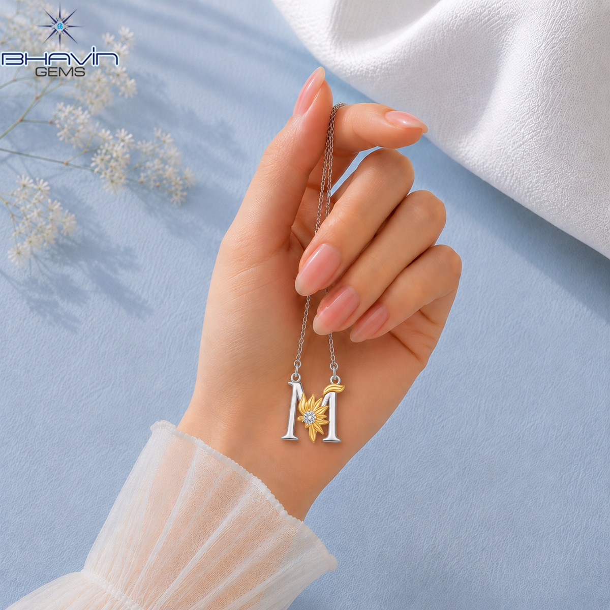 Diamond Floral Initial M Pendant Necklace