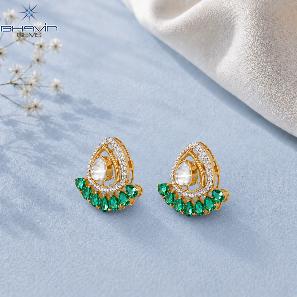 Elegant Polki Pear-Shaped Green Stone Fan Design Stud Earrings