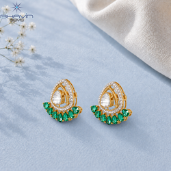 Elegant Polki Pear-Shaped Green Stone Fan Design Stud Earrings