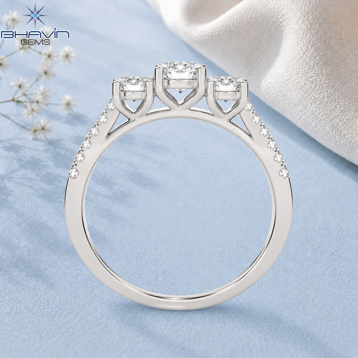 Elegant Three Stone Round Diamond Engagement Ring with Pavé Band Setting