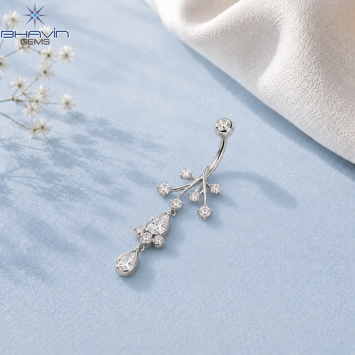 Botanical Branch Teardrop Diamond Dangle Belly Button Ring