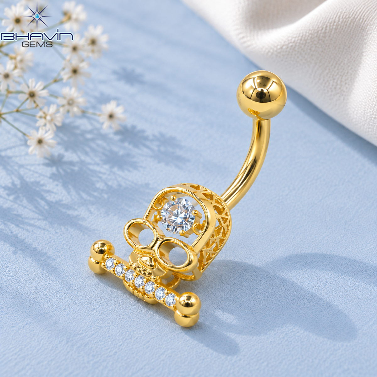 Playful Skull Diamond Belly Button Ring with Sparkling Bar Accent