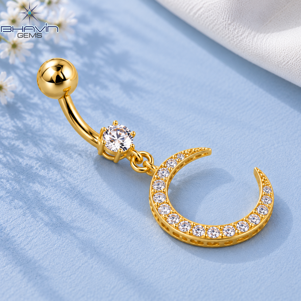 Celestial Crescent Moon Diamond Belly Button Ring with Dangling Charm