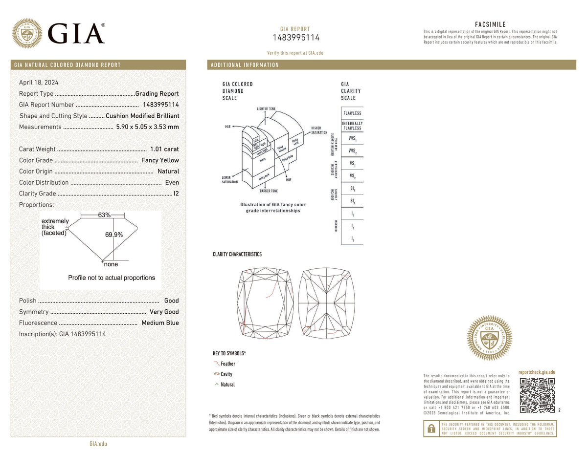 1.01 CT クッションダイヤモンド イエローカラー 天然ダイヤモンド I2 クラリティ (5.90 MM)